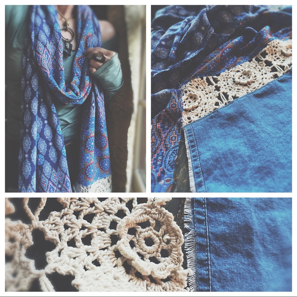OOAK Artisan Denim Flair Raw Hem Wrap - 134” Long Aztec Medallion Scarf - Picture 7 of 16